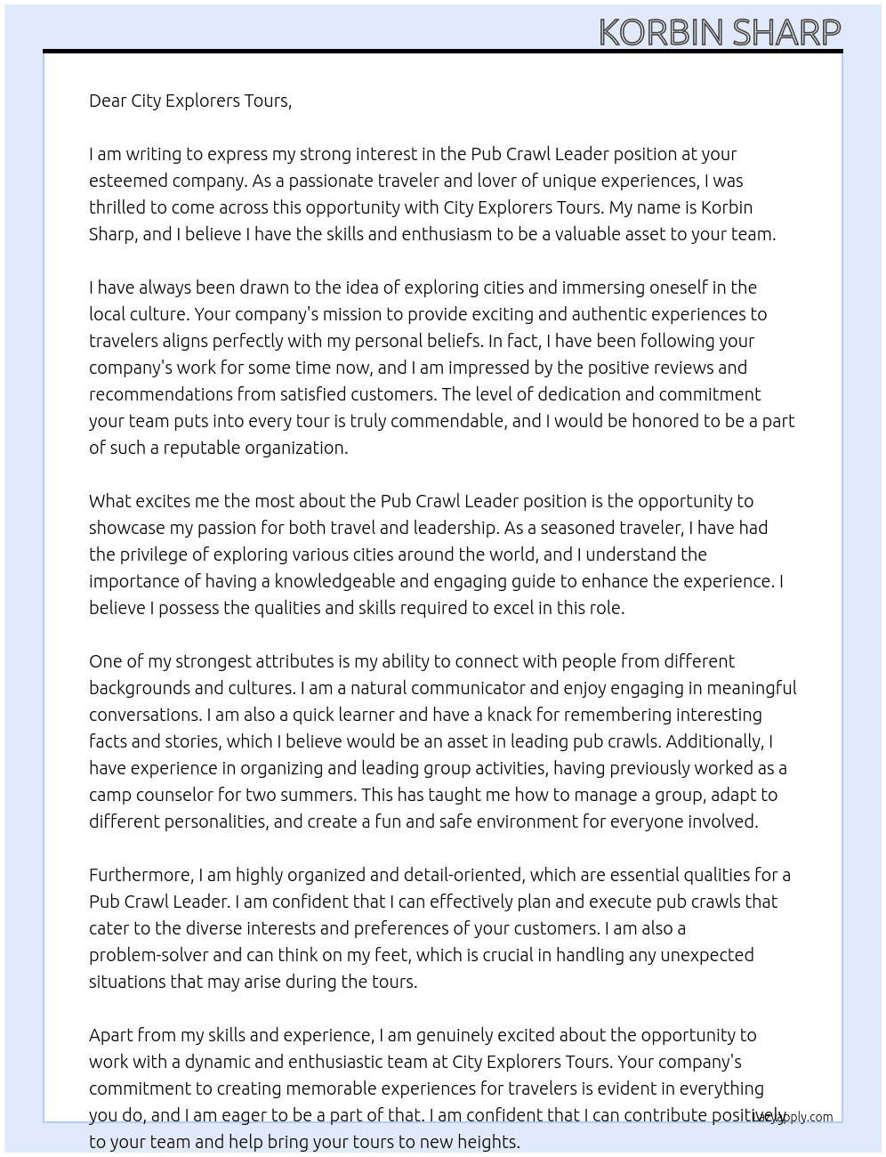 Cover letter for pub crawl leader - LazyApply