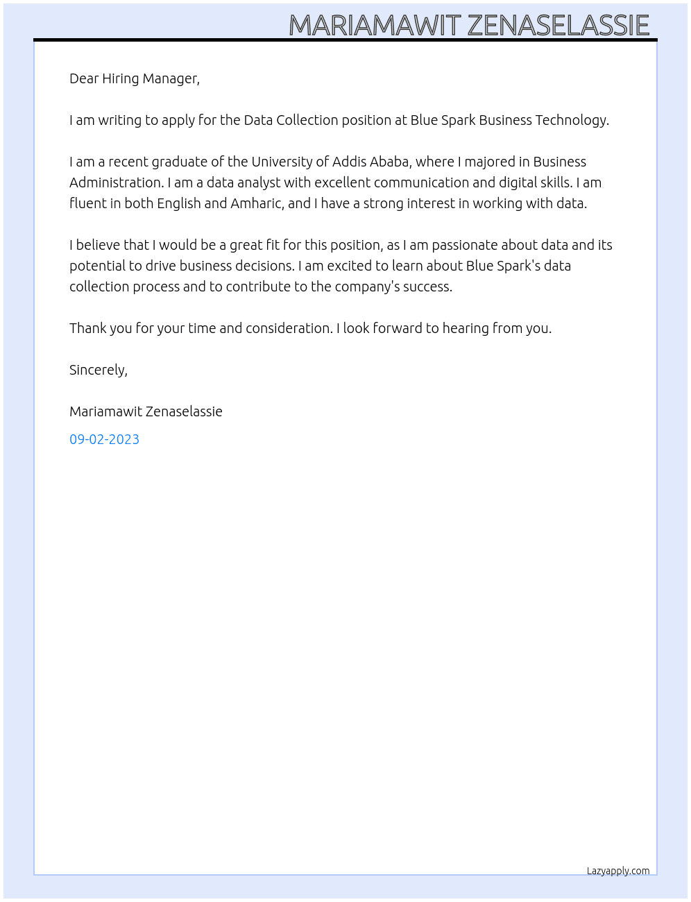 Data collection At Blue Spark Business Technology Cover Letter