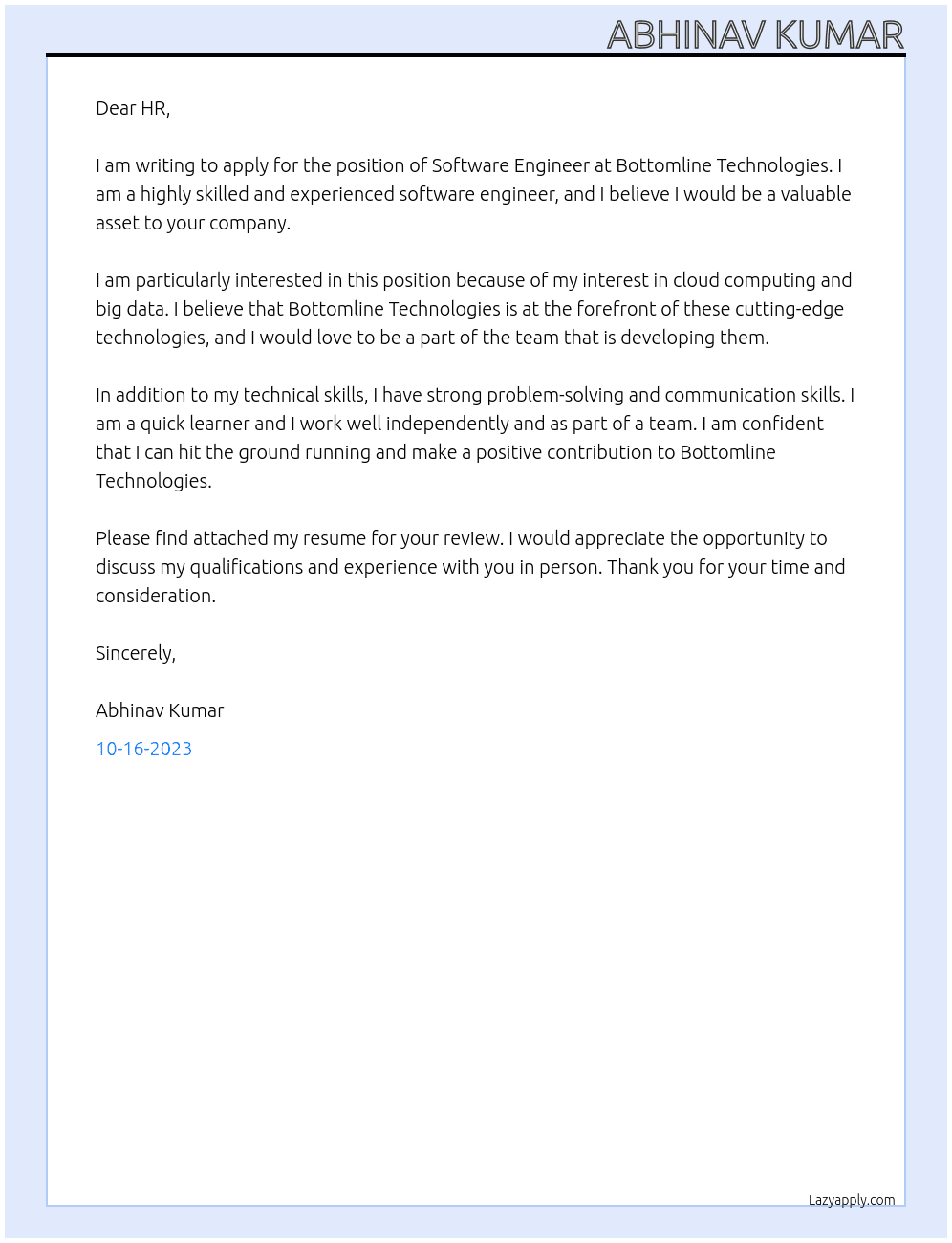 Software Engineer  At Bottomline Technologies Cover Letter