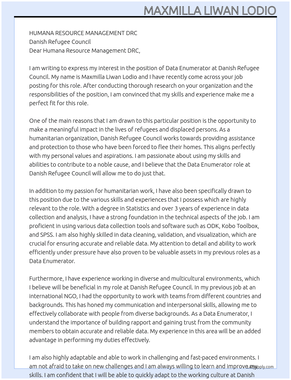 DATA ENUMERATOR  At DANISH REFUGEE COUNCIL Cover Letter