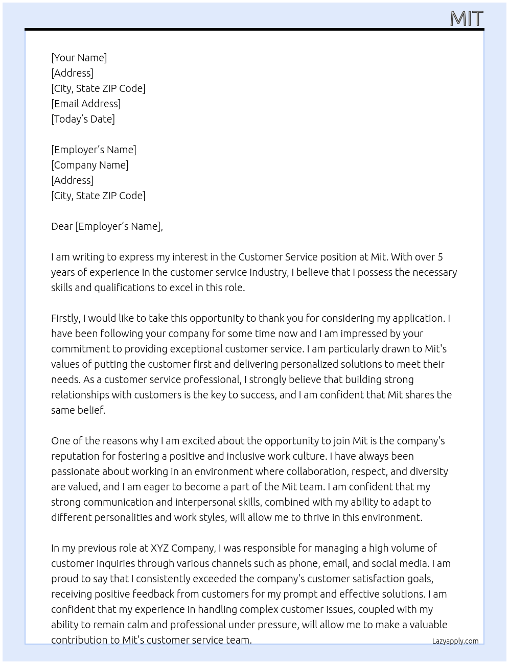 Customer service  At Mit Cover Letter