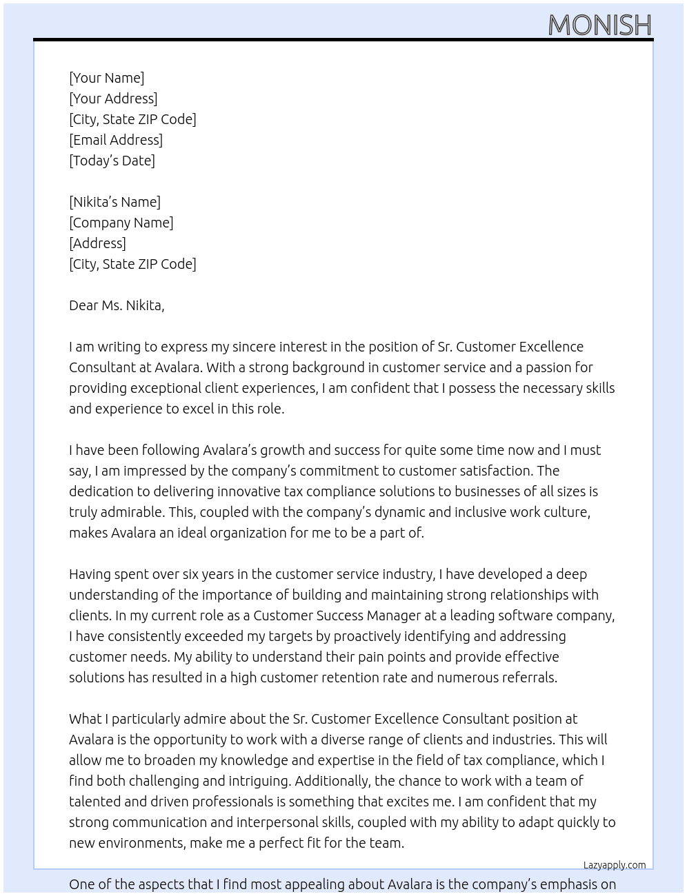 Sr. Customer Excellence Consultant At avalara Cover Letter