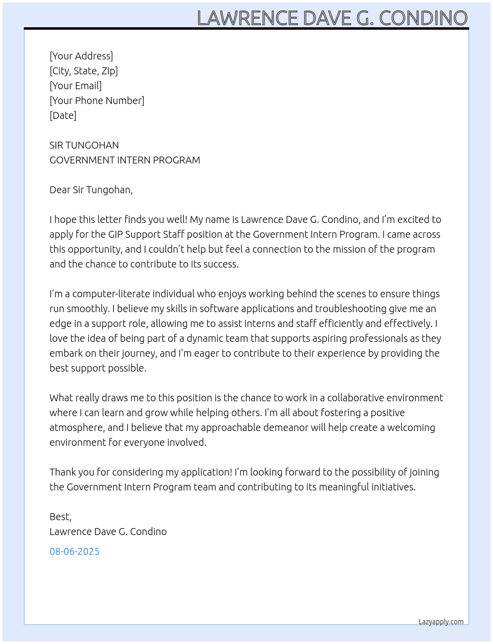 GIP SUPPORT STAFF At GOVERNMENT INTERN PROGRAM Cover Letter