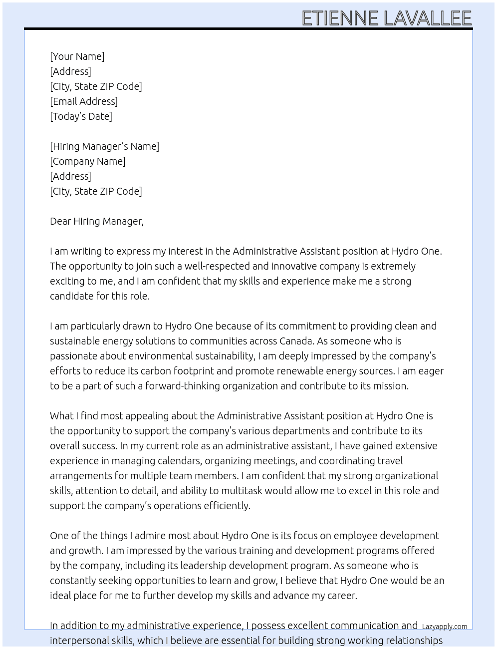Administrative Assistant At Hydro One Cover Letter