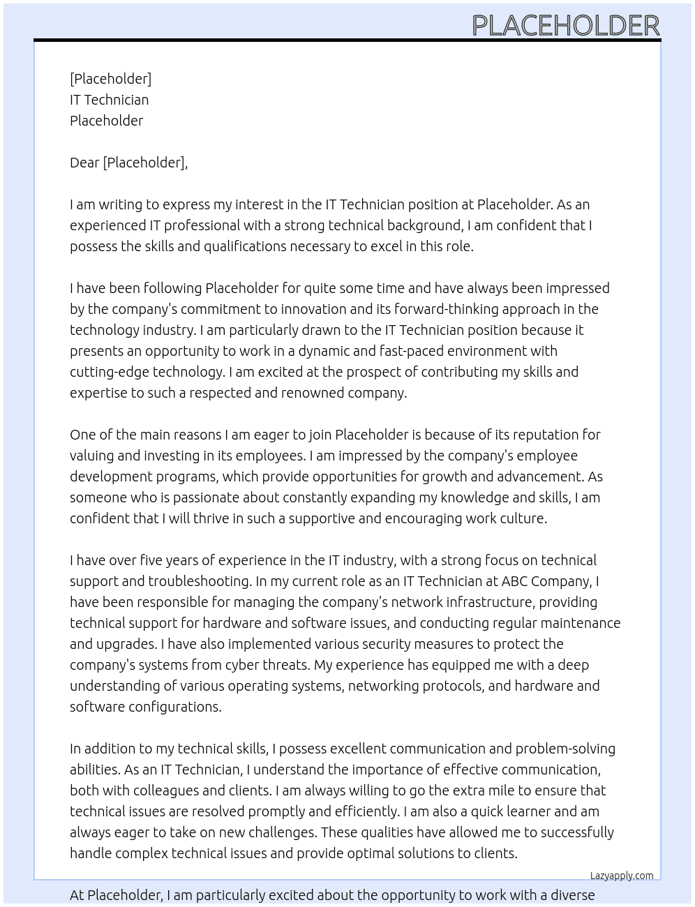 IT Technician At Placeholder Cover Letter