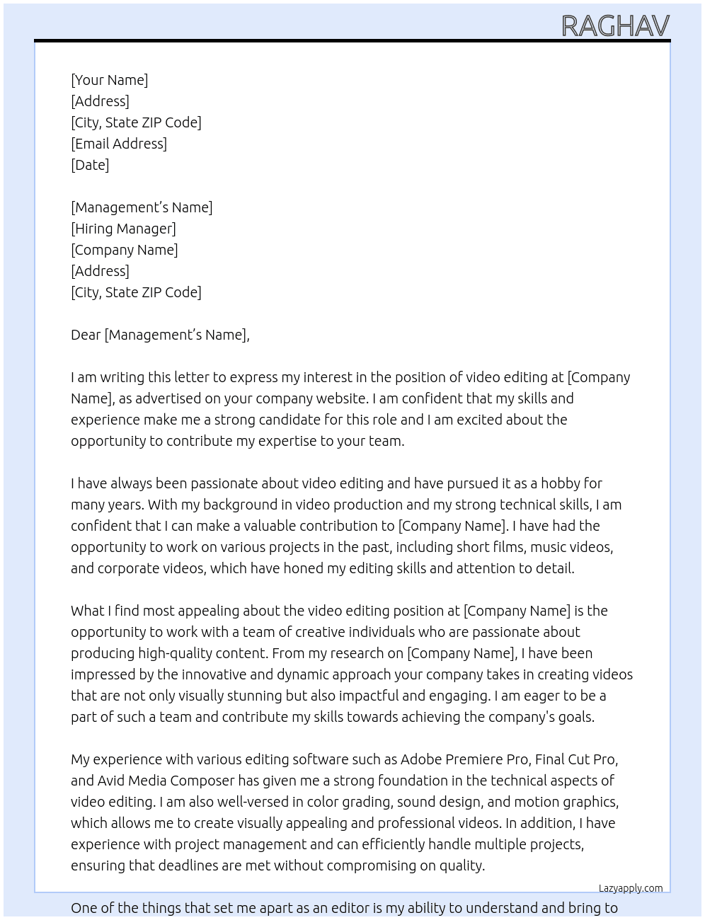 video editing At pajwani  Cover Letter