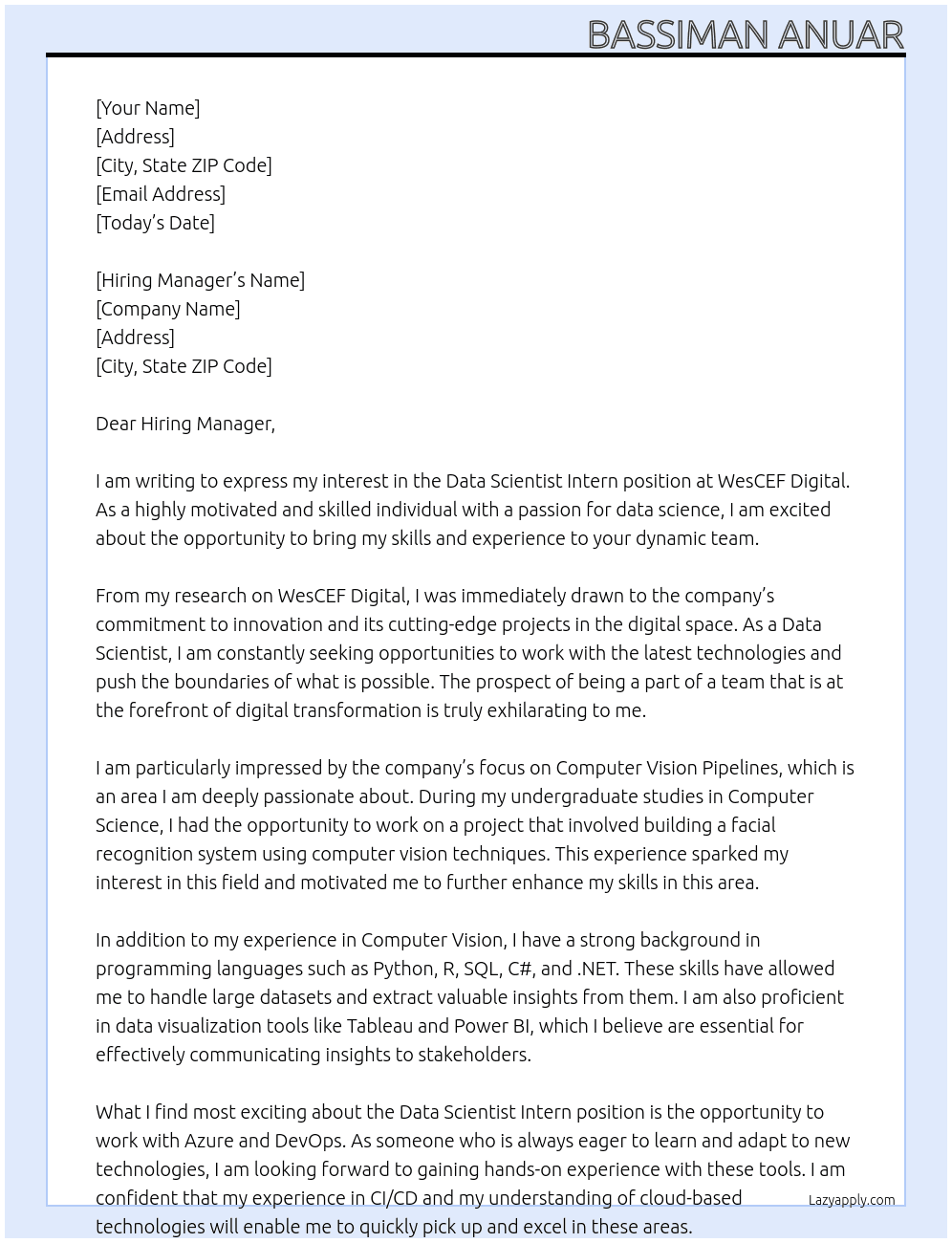 Data Scientist Intern At WesCEF Digital Cover Letter
