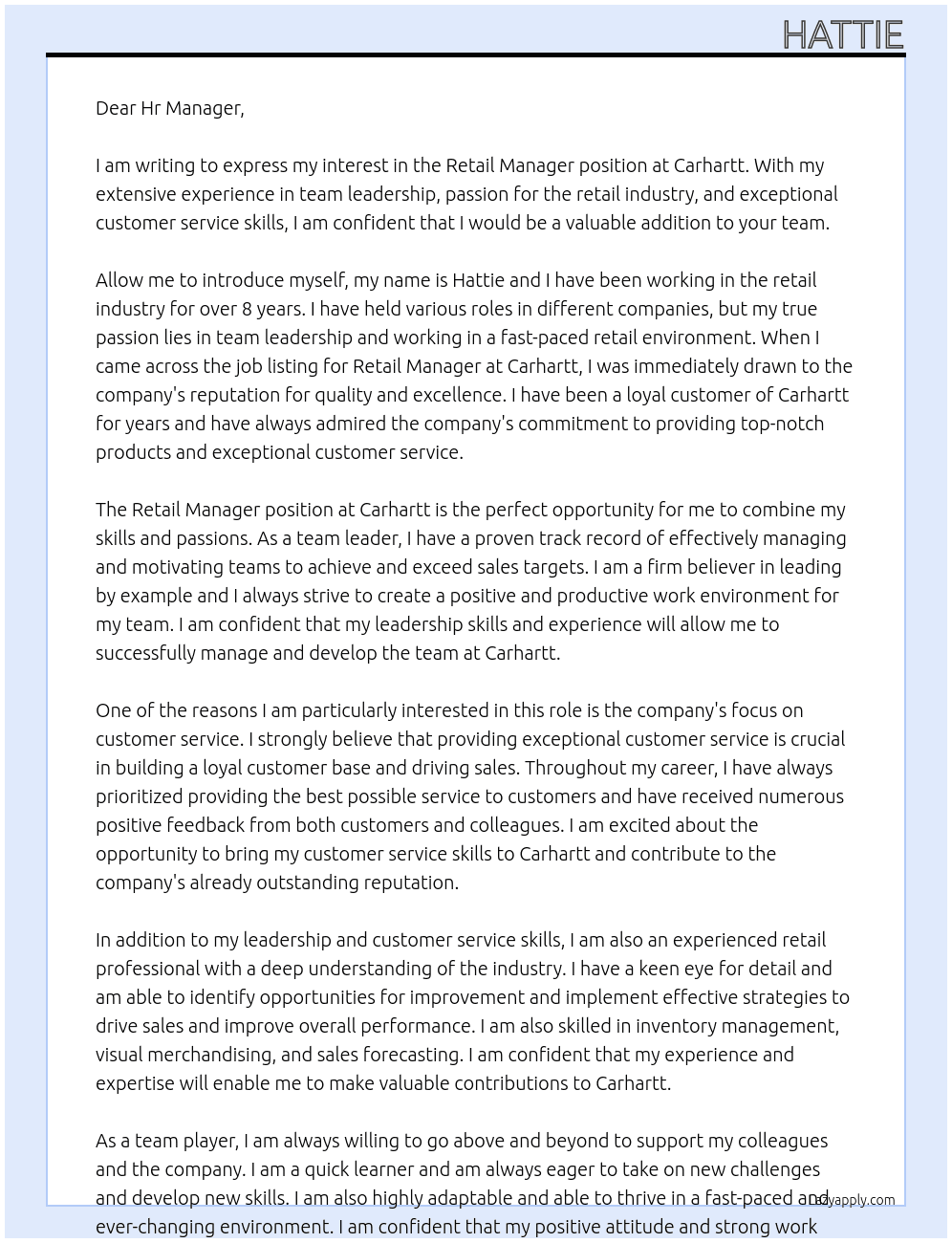 Retail manager At Carhartt Cover Letter