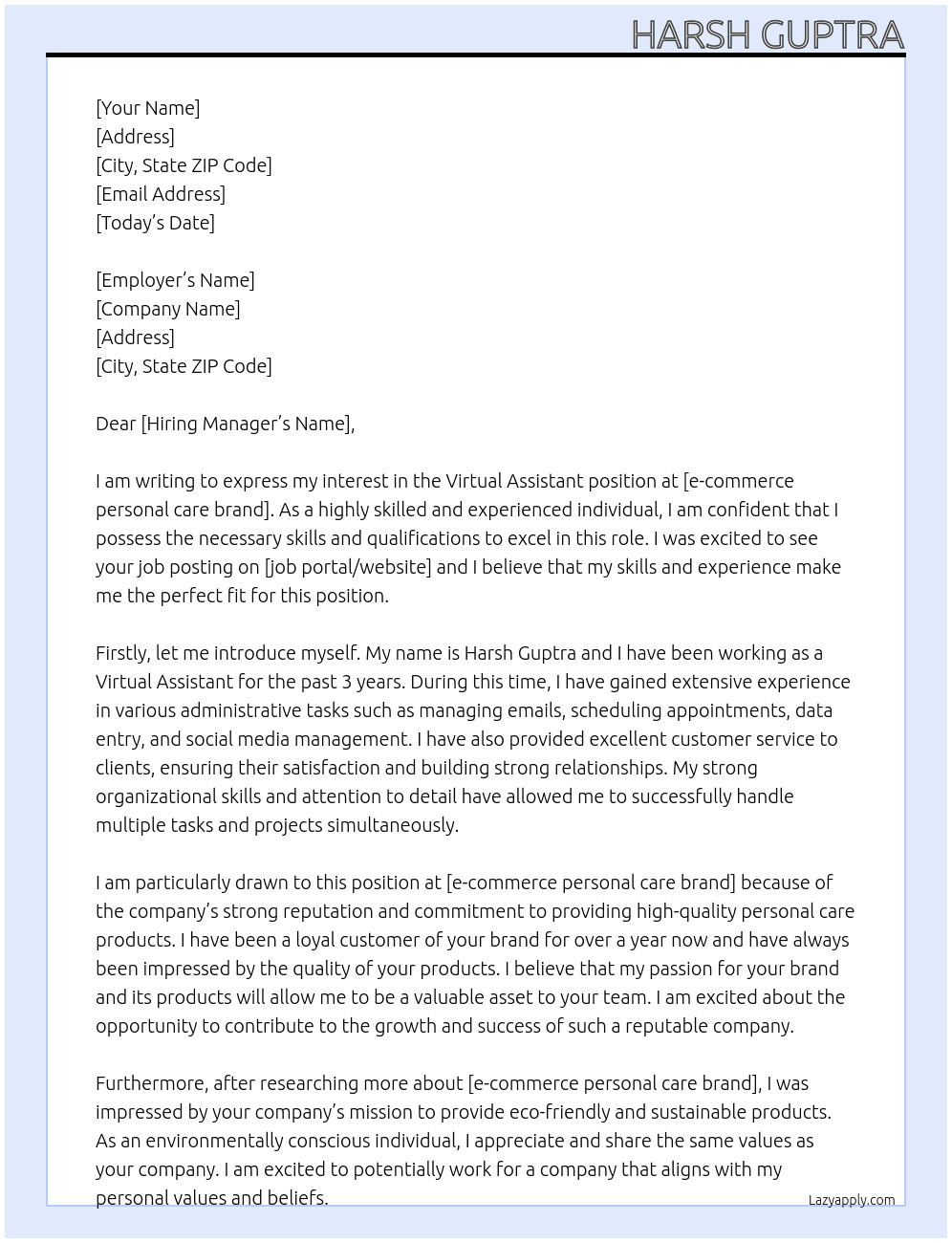 Virtual Assistant At e-commerce personal care brand Cover Letter