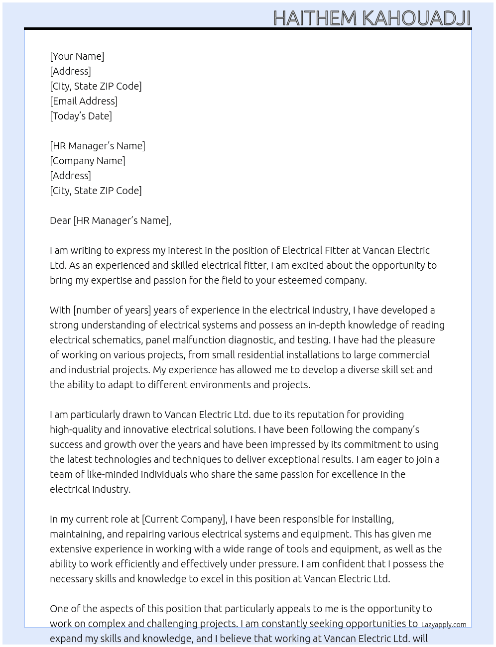 electrical fittler At Vancan Electric Ltd. Cover Letter