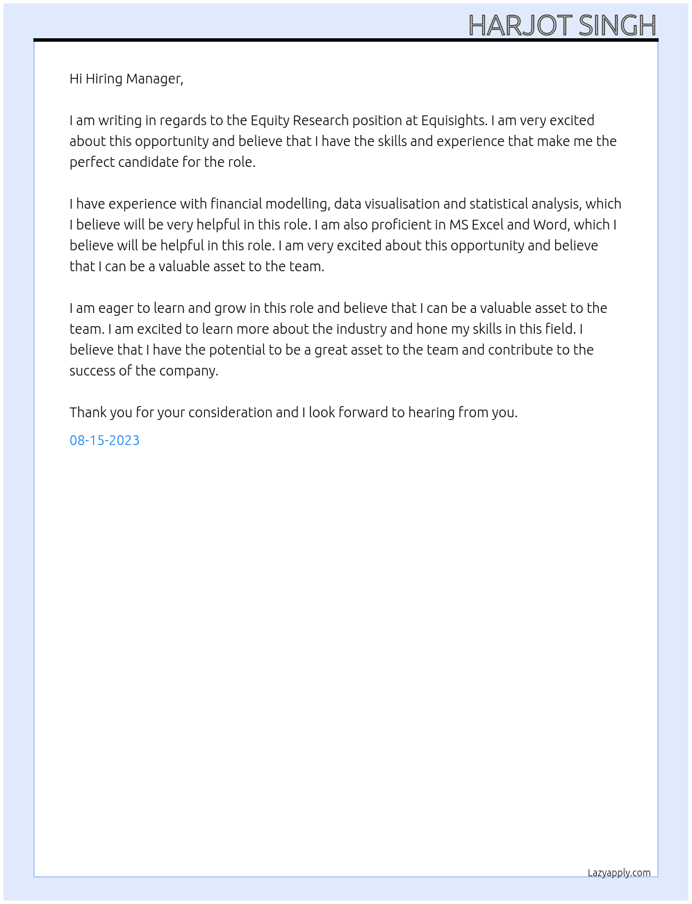 Equity Research At Equisights Cover Letter