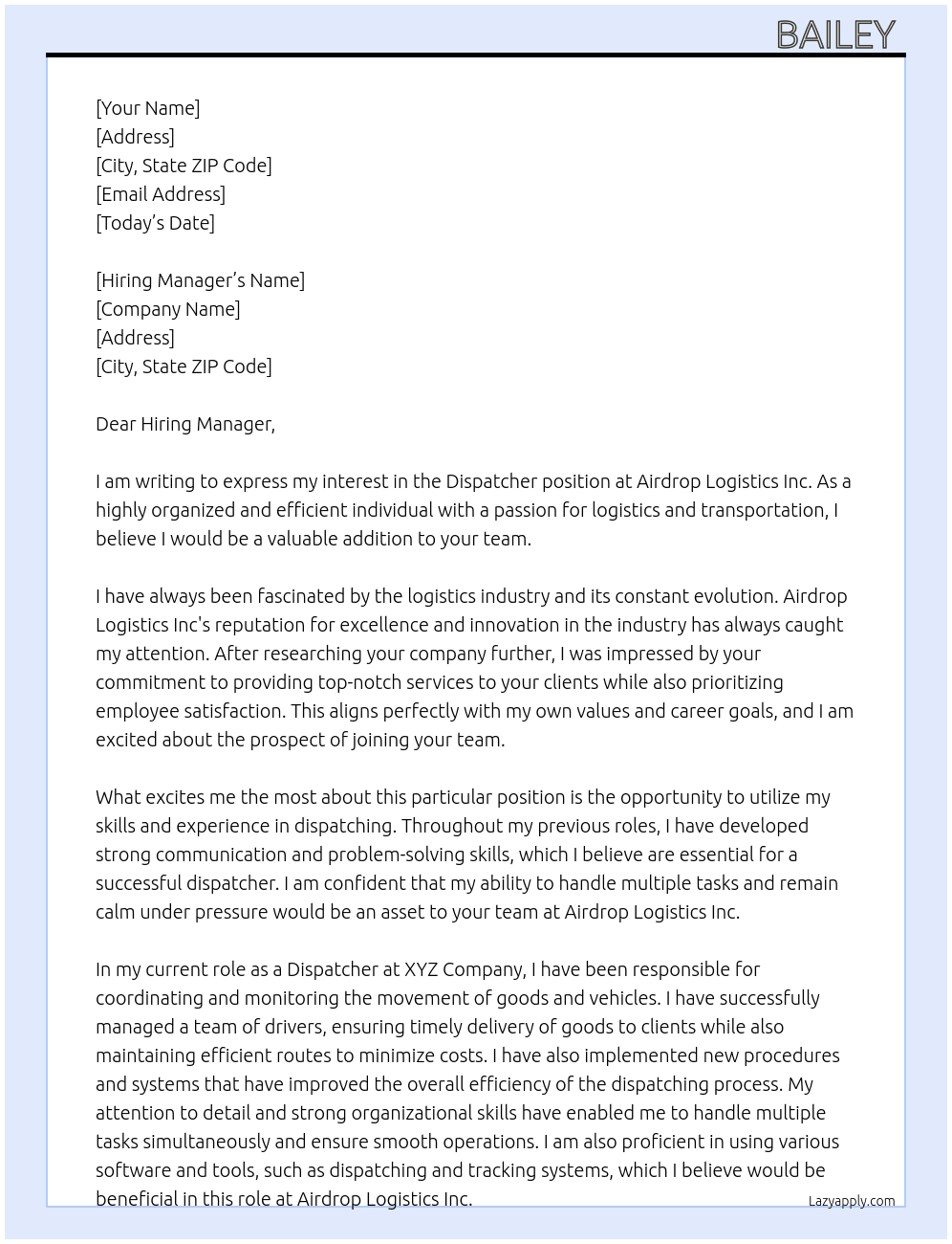 Dispatcher At Airdrop Logistics Inc Cover Letter