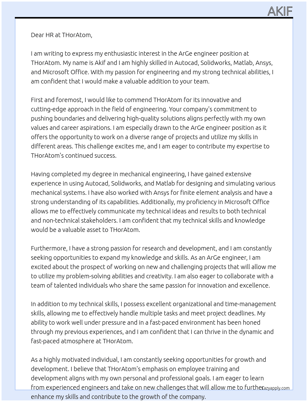 ArGe engineer At THorAtom Cover Letter