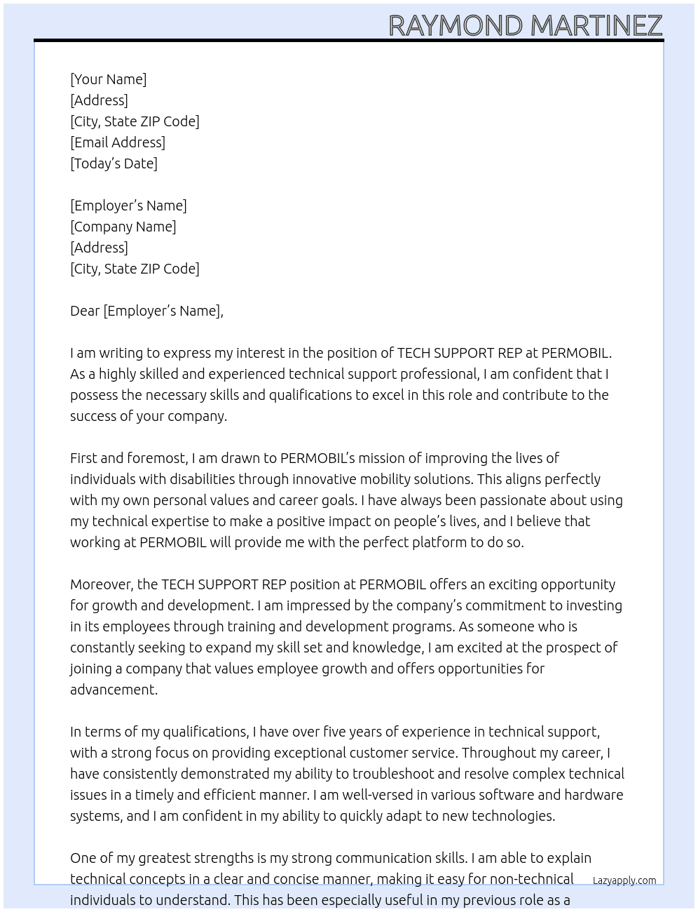 TECH SUPPORT REP At PERMOBIL Cover Letter