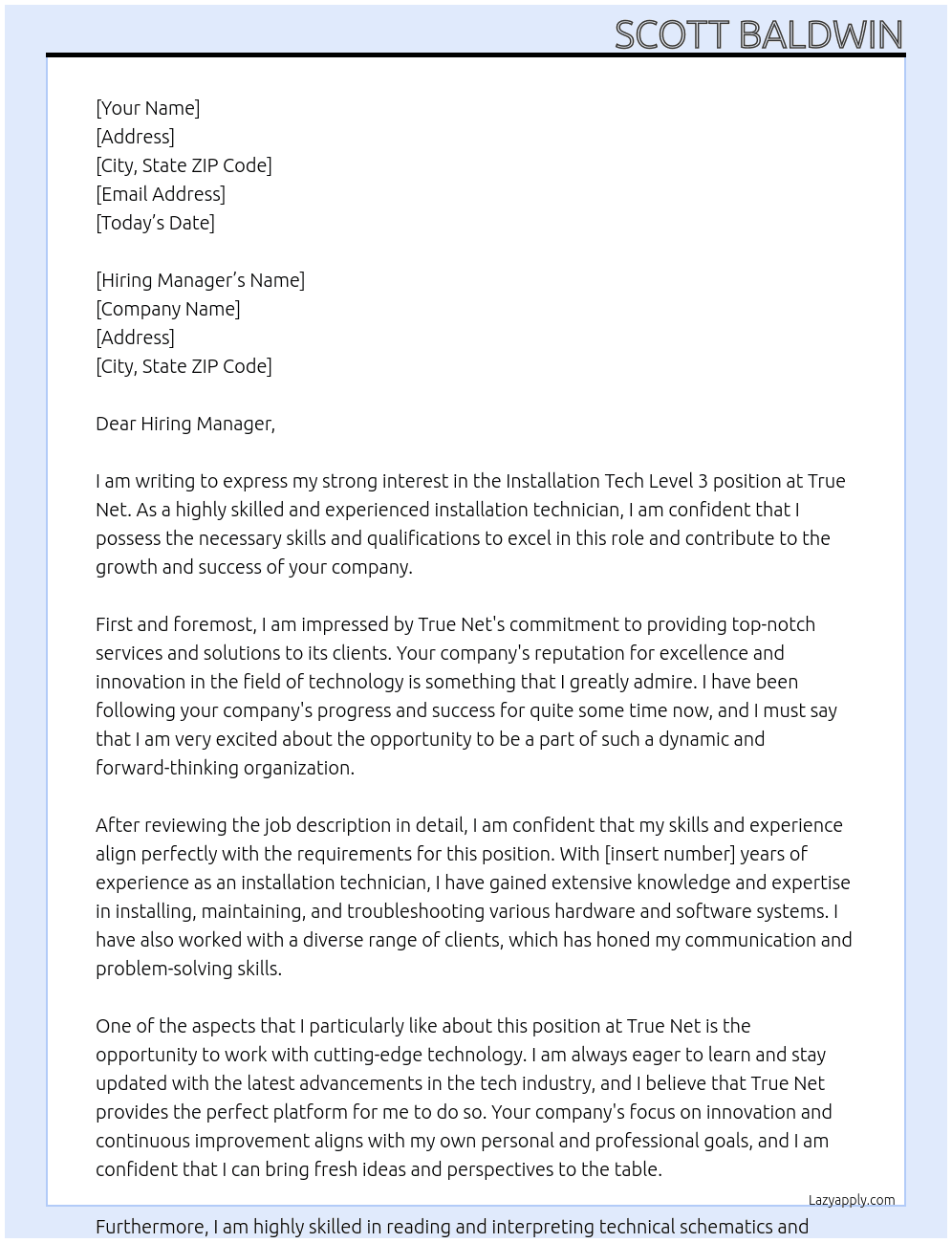 Installation tech level 3 At True Net Cover Letter