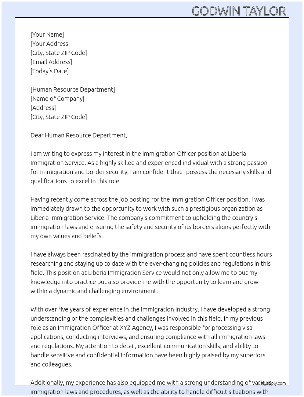 Immigration officer At Liberia Immigration Service Cover Letter