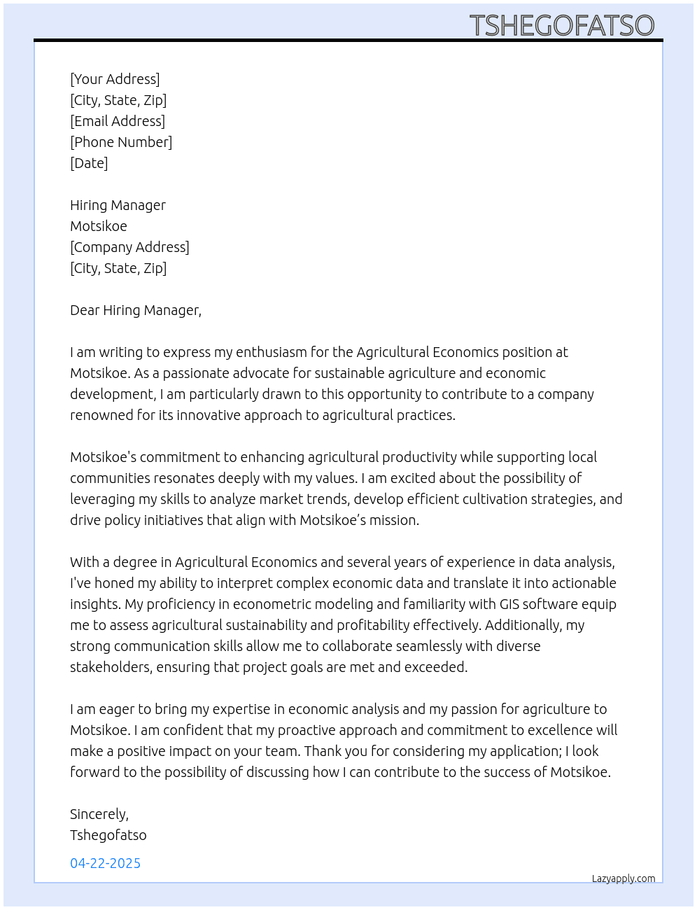 Agricultural Economics  At Motsikoe Cover Letter