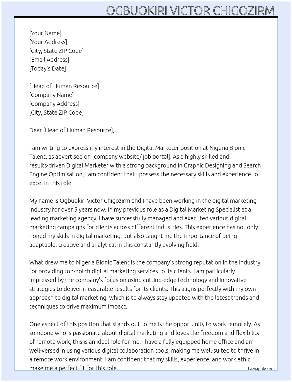 Digital Marketer  At Nigeria Bionic Talent Cover Letter