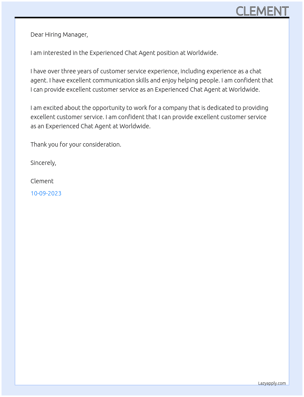 Experienced Chat Agents At Worldwide Cover Letter