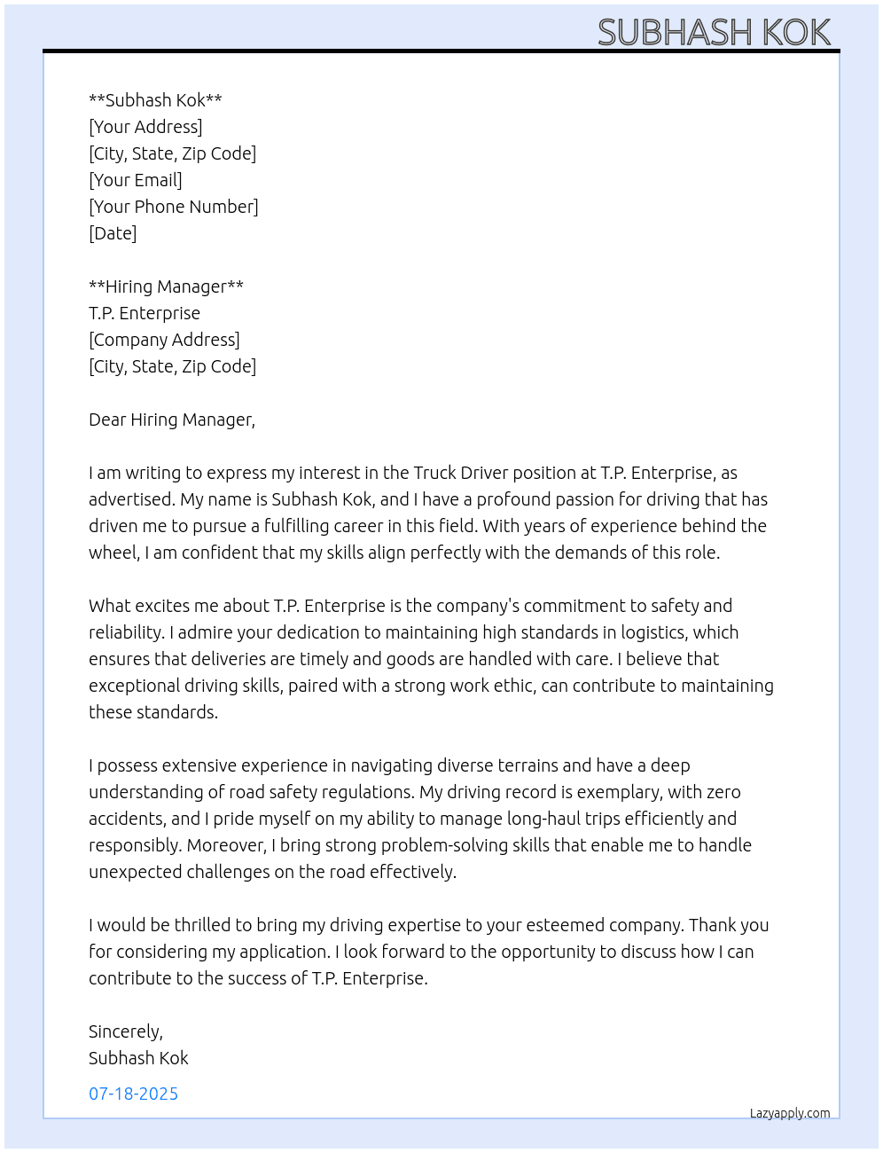 Truck driver  At T.p renterprise Cover Letter