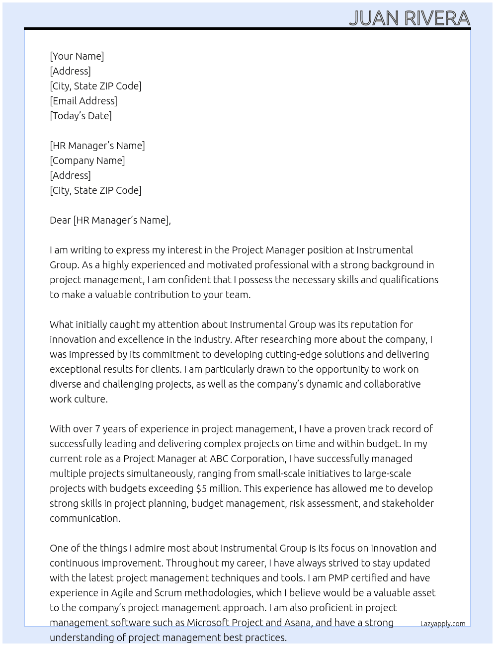 Project Manager At Instrumental Group Cover Letter