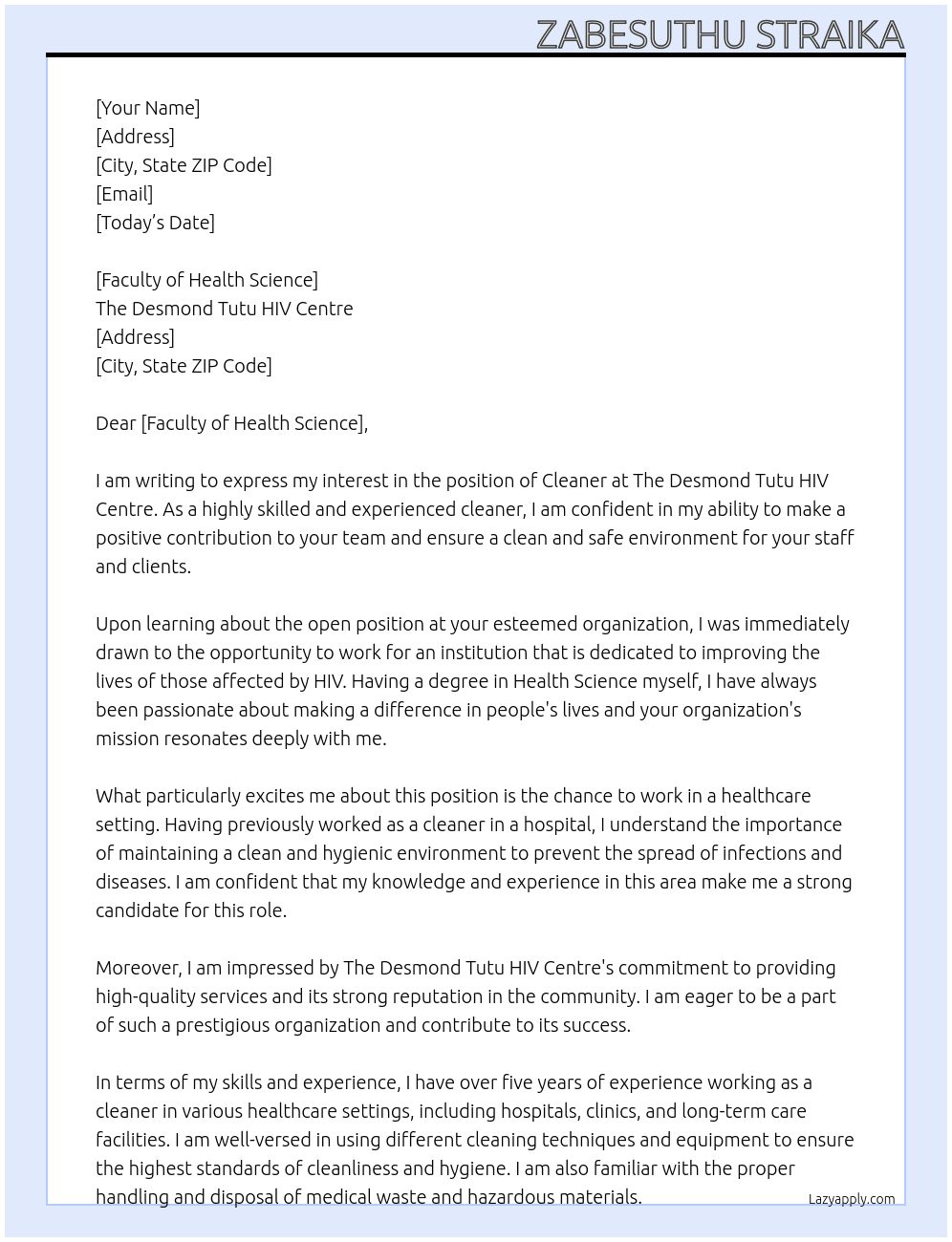 cleaner At The Desmond Tutu HIV Centre Cover Letter