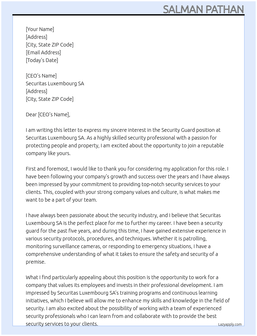 Security guard  At Securitas Luxembourg SA Cover Letter