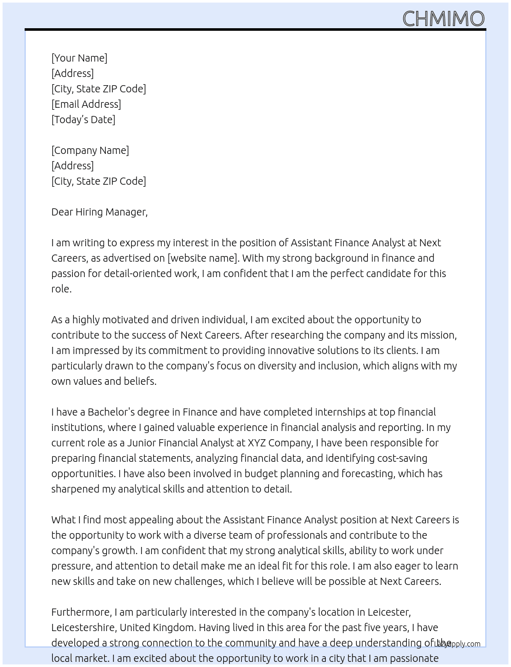 Assistant Finance Analyst At Next Careers Cover Letter