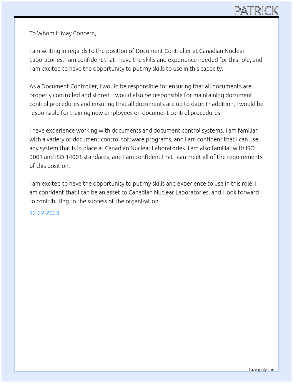  Document Controller At Canadian Nuclear Laboratories Cover Letter