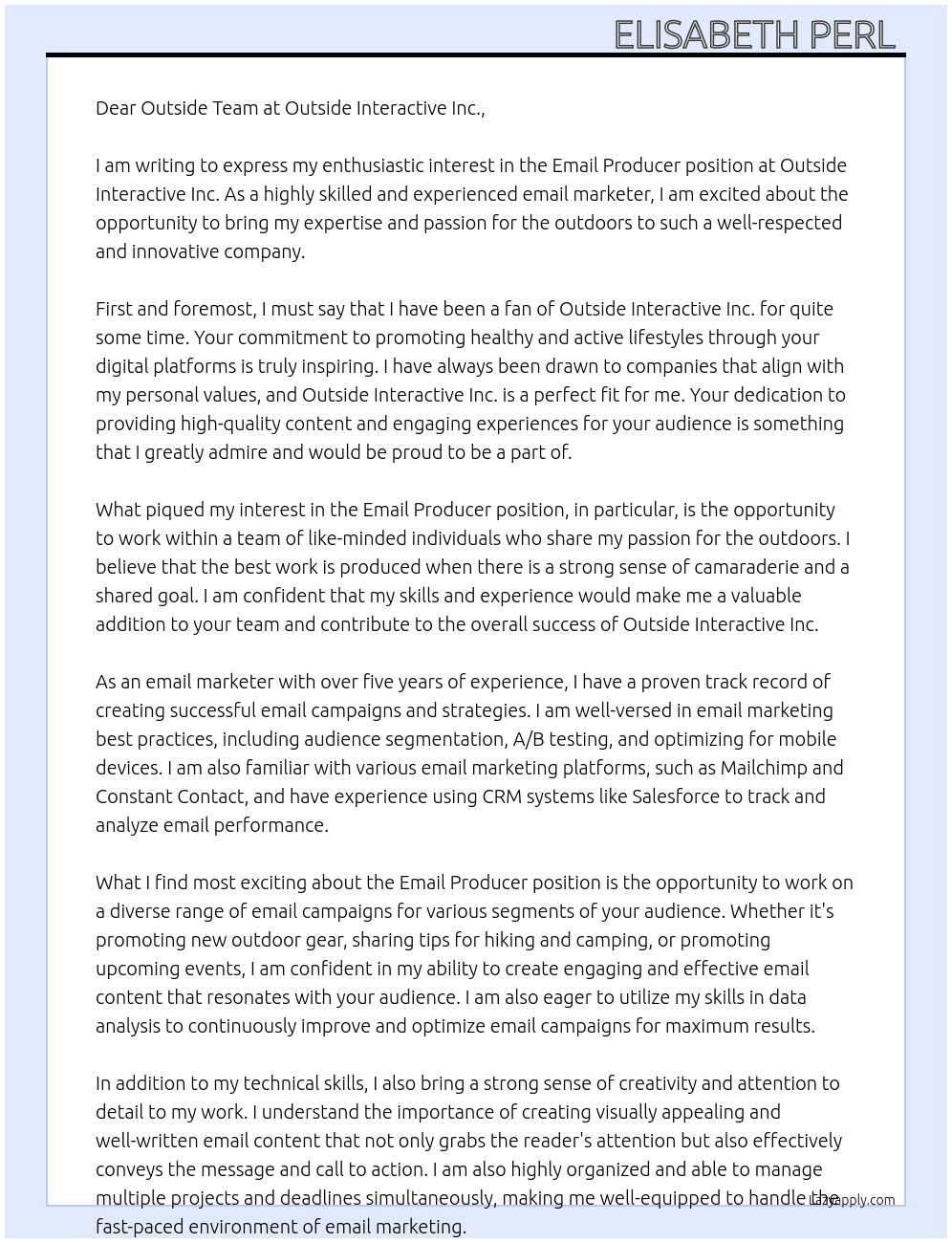 Email Producer At Outside Interactive Inc.  Cover Letter