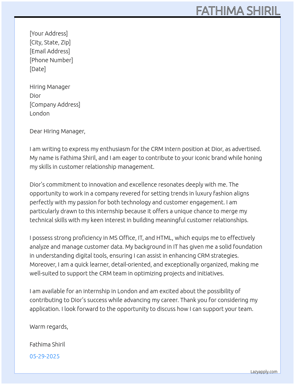 CRM intern at Dior  At Dior Cover Letter