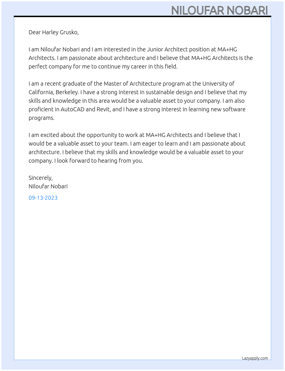 Junior Architect At MA+HG Architects Cover Letter