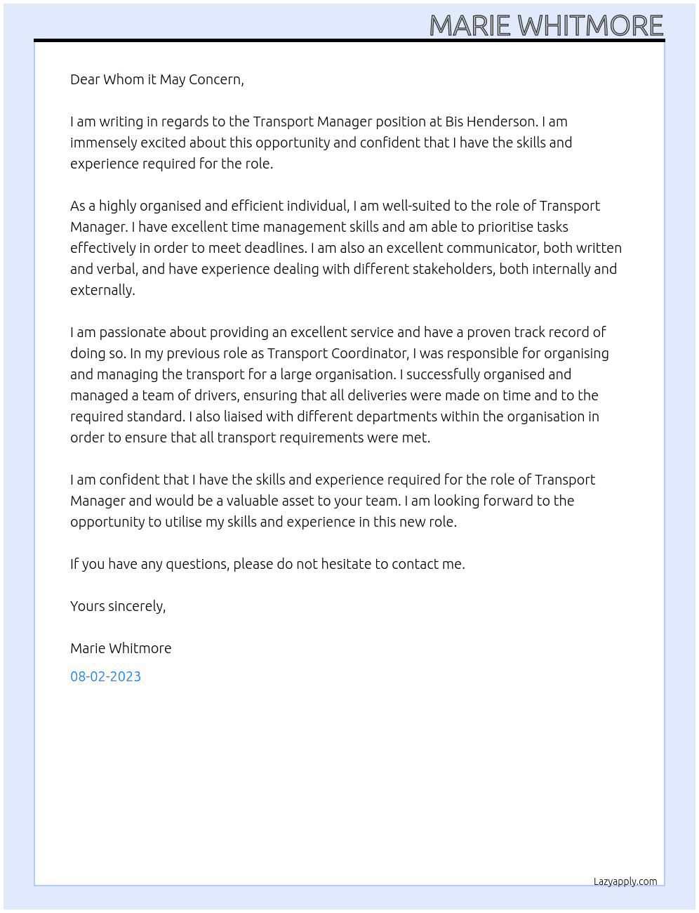 Transport Manager At Bis Henderson Cover Letter