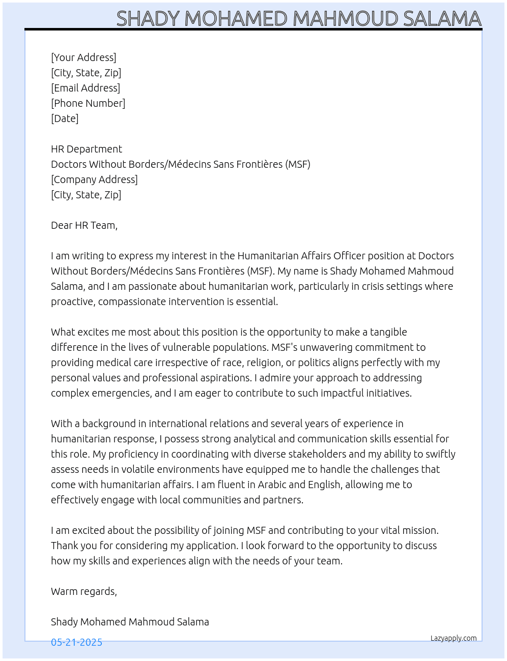 Cover letter for humanitarian affairs officer - LazyApply