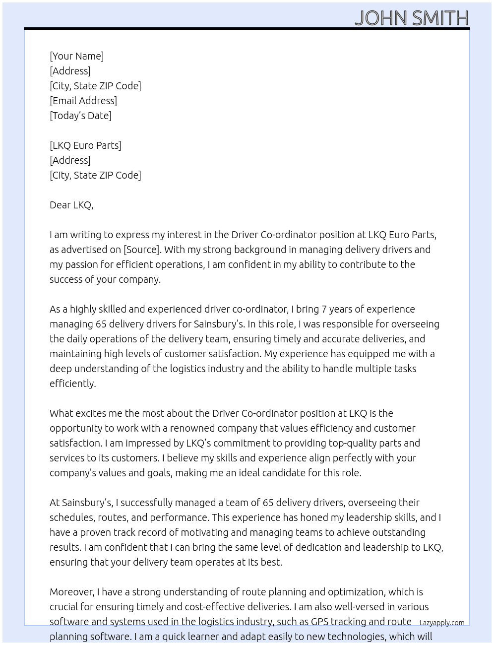 Driver co-ordinator At LKQ Euro Parts Cover Letter