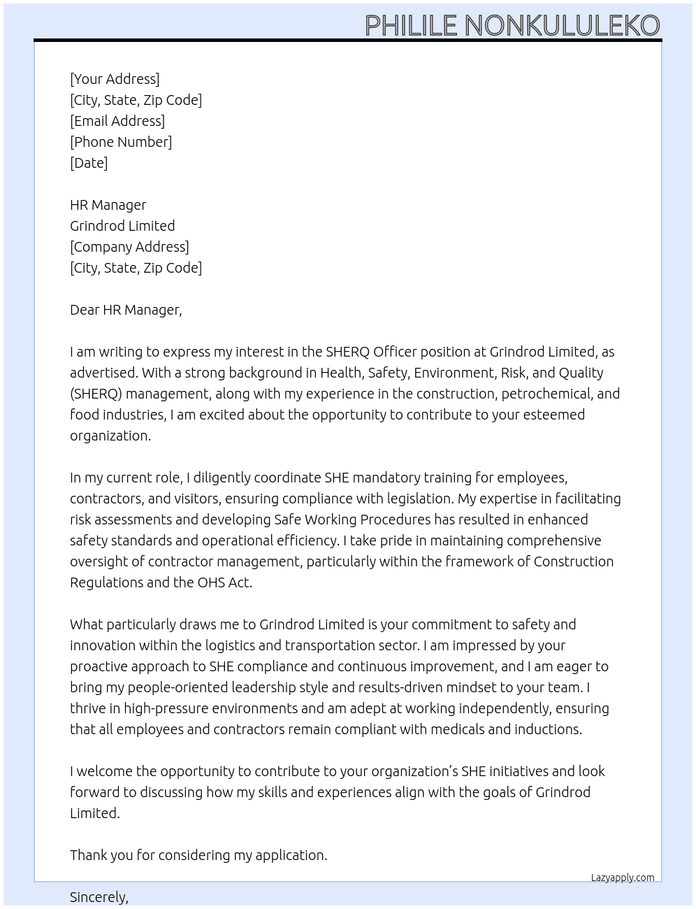 SHERQ Officer At Grindrod Limited Cover Letter