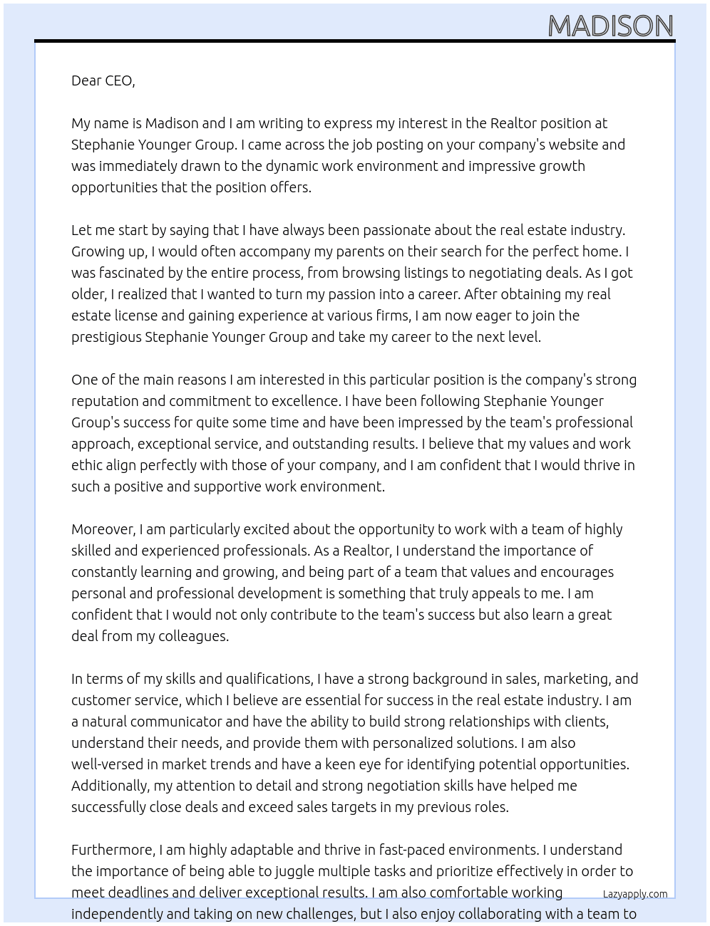 Realtor At Stephanie Younger Group Cover Letter