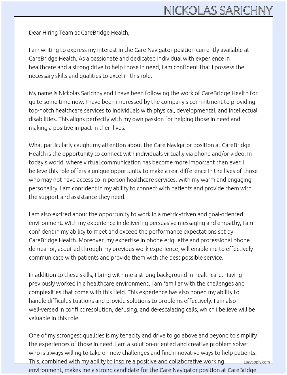 Care Navigator At CareBridge Health  Cover Letter