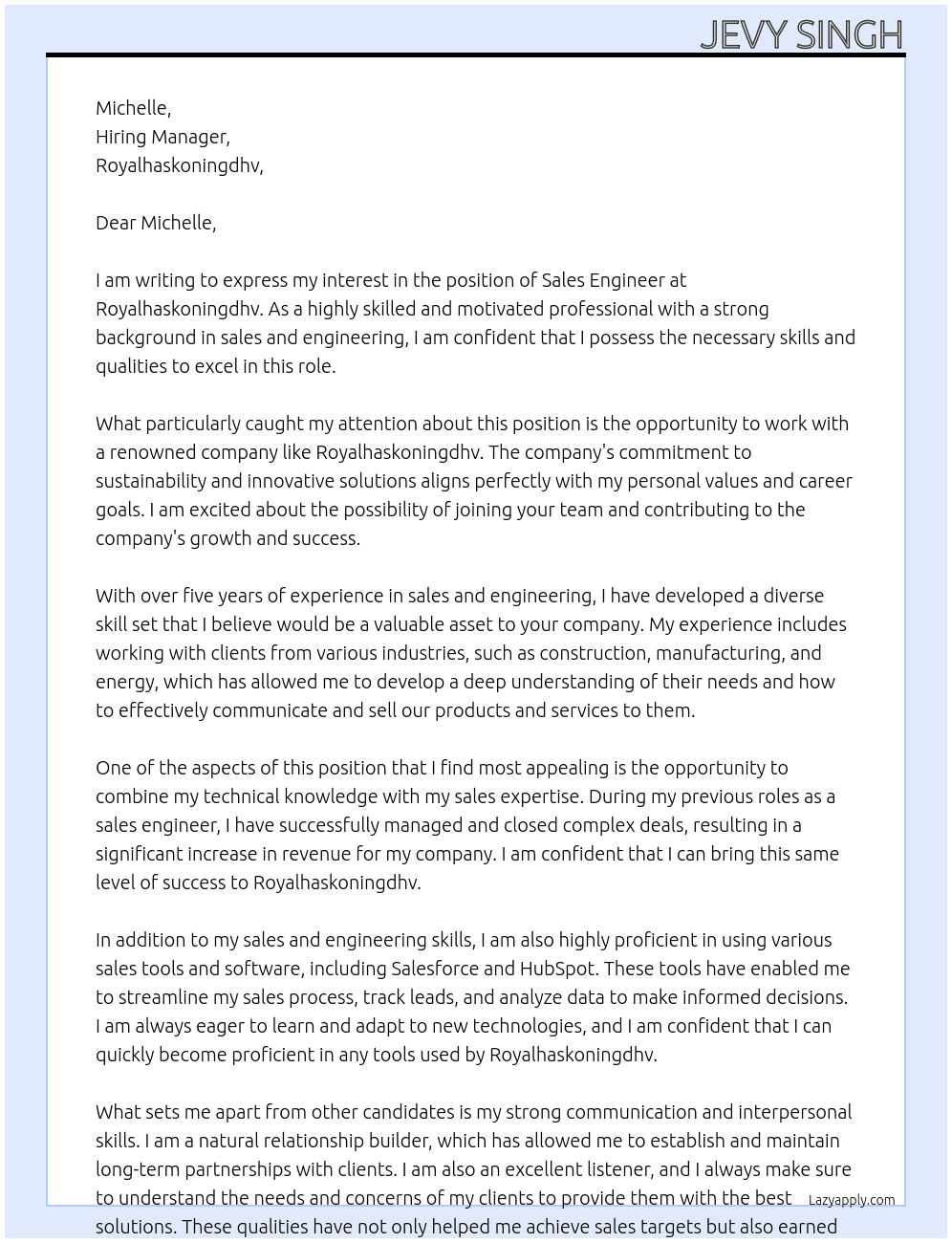 Sales engineer At Royalhaskoningdhv Cover Letter