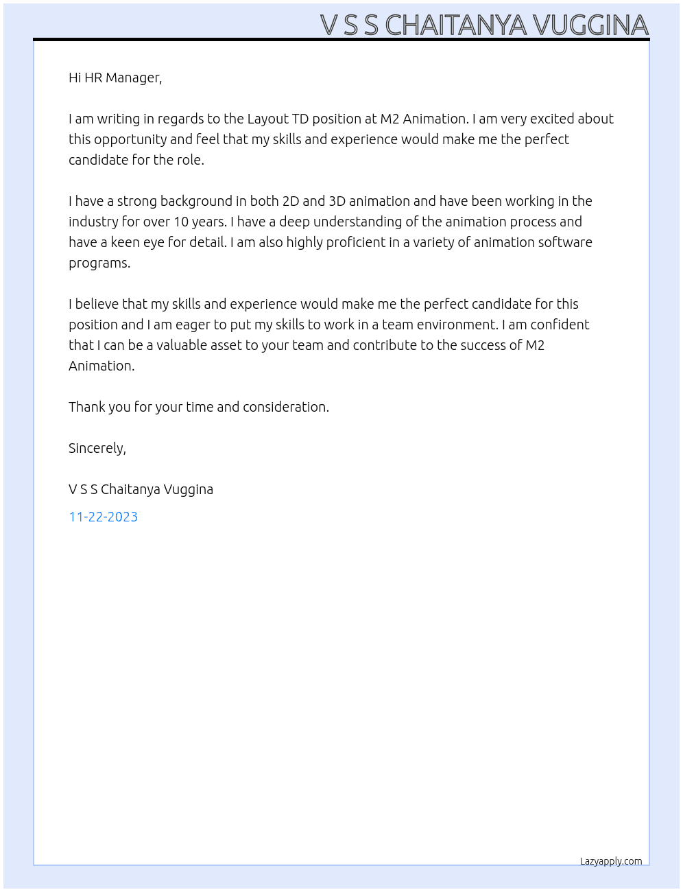 Layout TD At M2 Animation Cover Letter