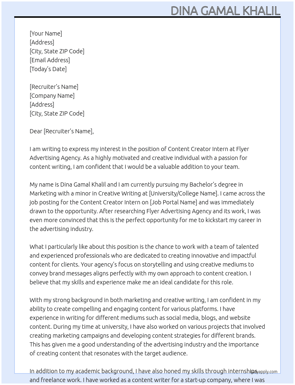 content creator intern At Flyer advertising agency Cover Letter