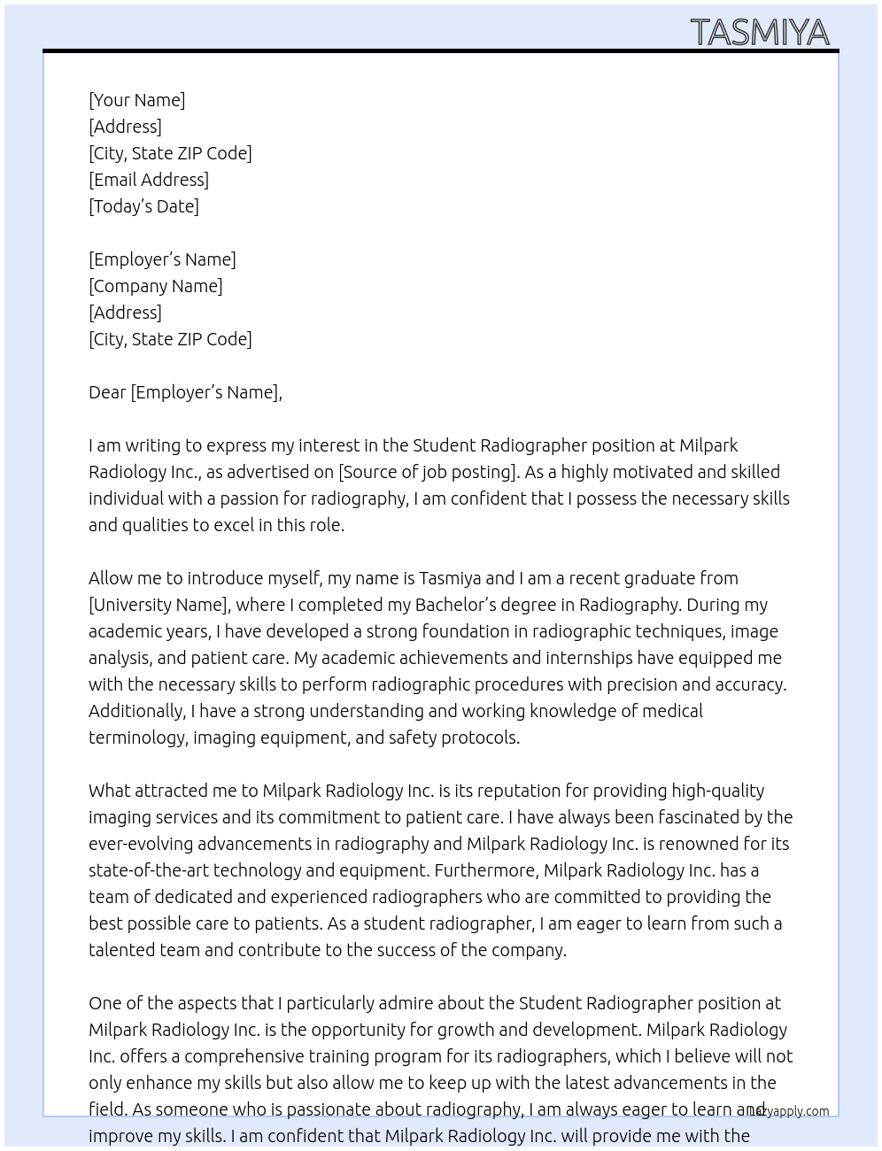 Student Radiographer  At Milpark Radiology Inc. Cover Letter