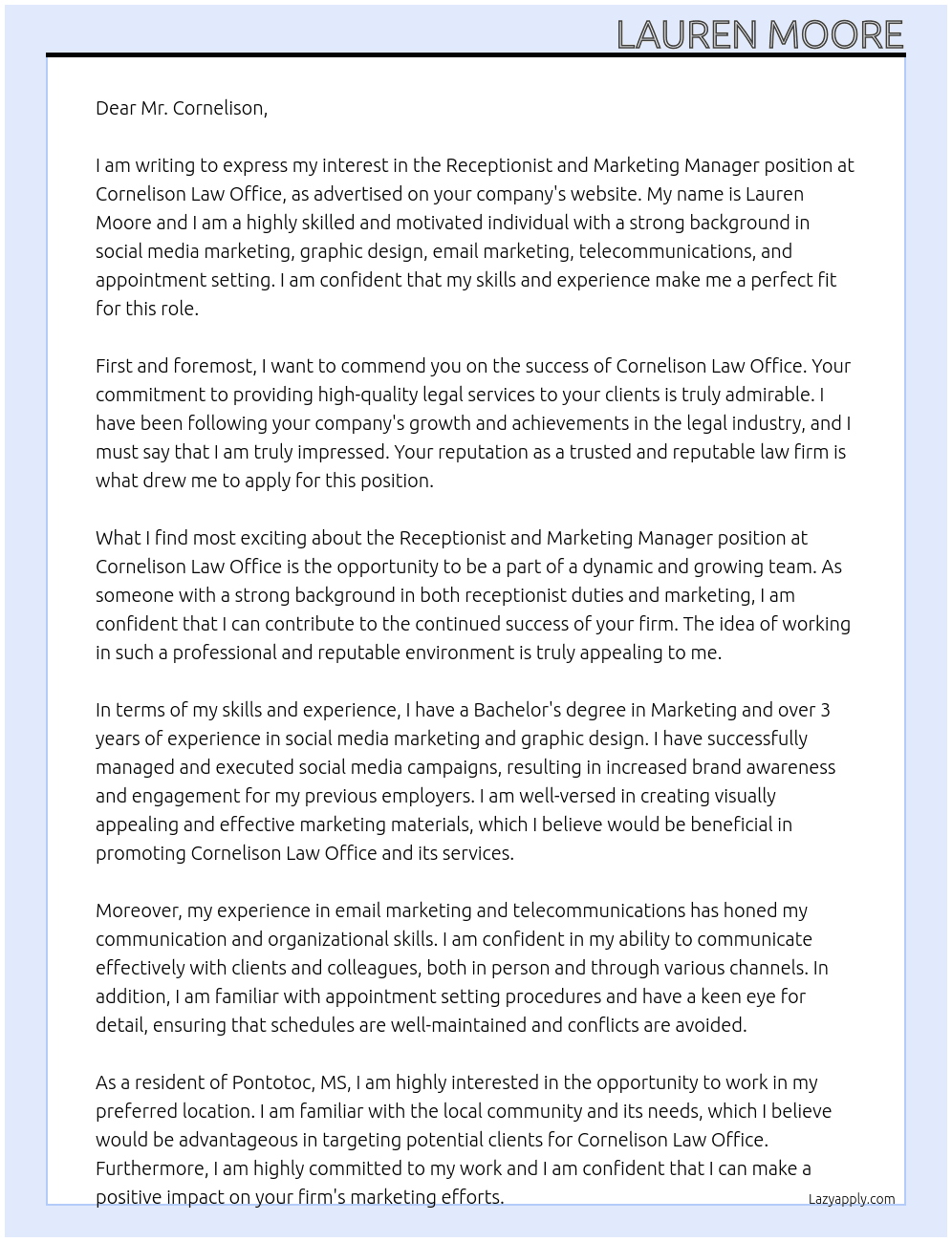 Receptionist and Marketing Manager At Cornelison Law Office Cover Letter