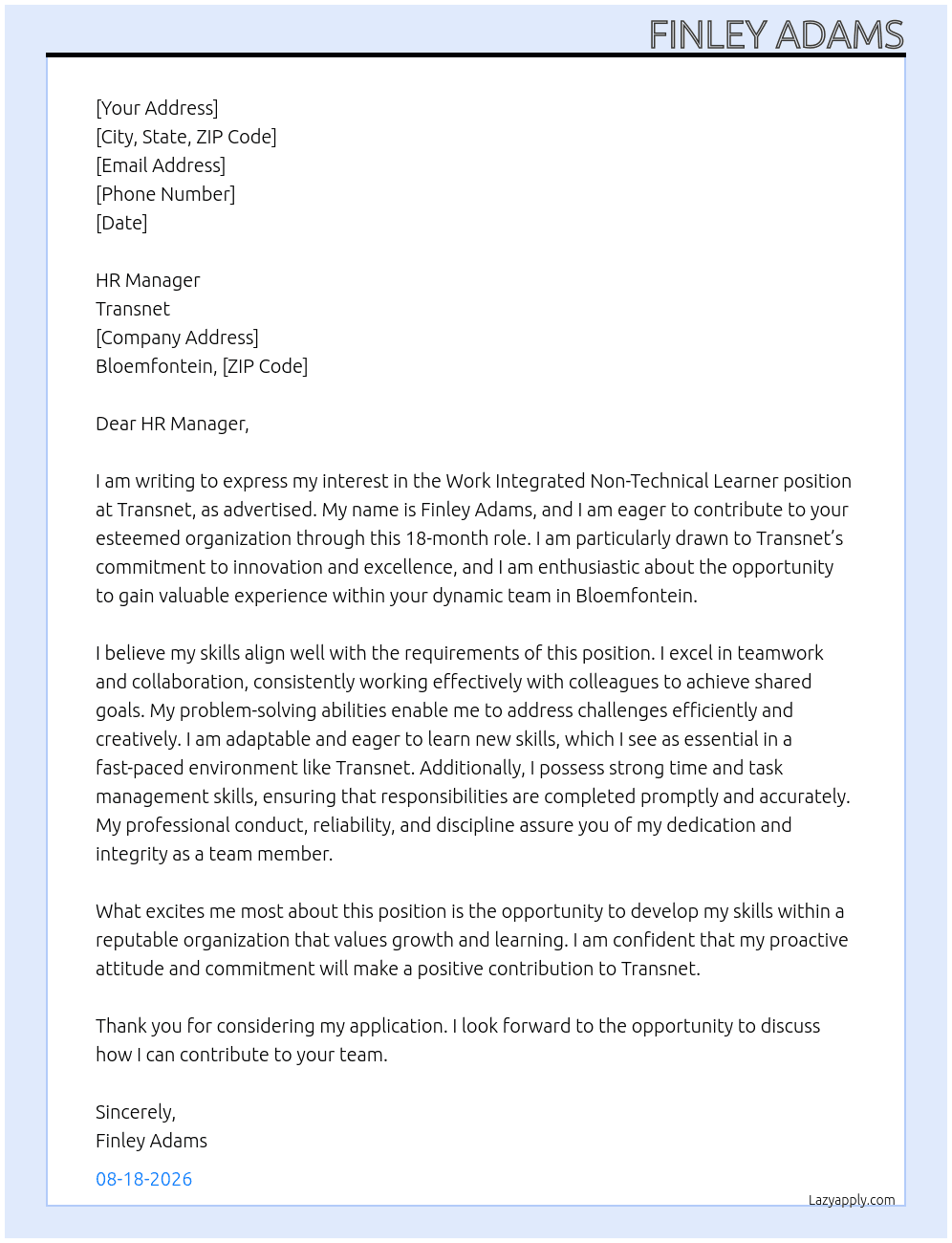 Cover letter for work intergrated non technical learner - LazyApply