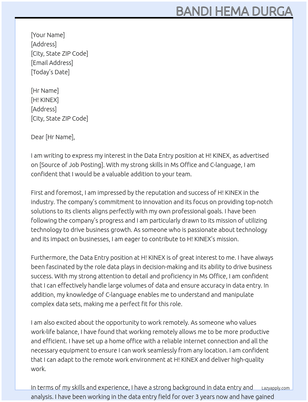 Data entry At H! KINEX Cover Letter
