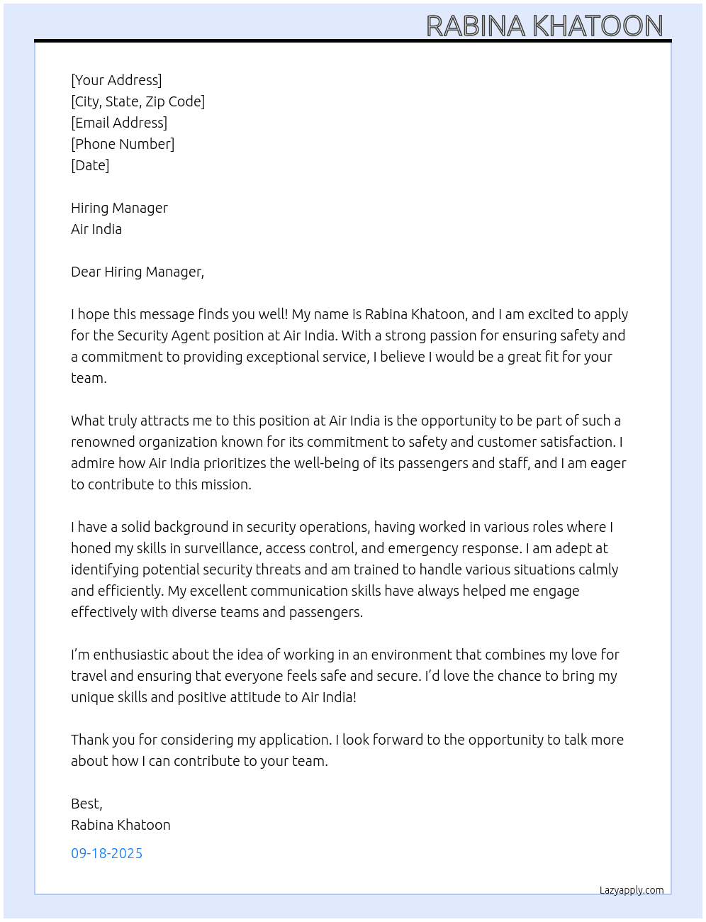 Cover letter for security agent - LazyApply