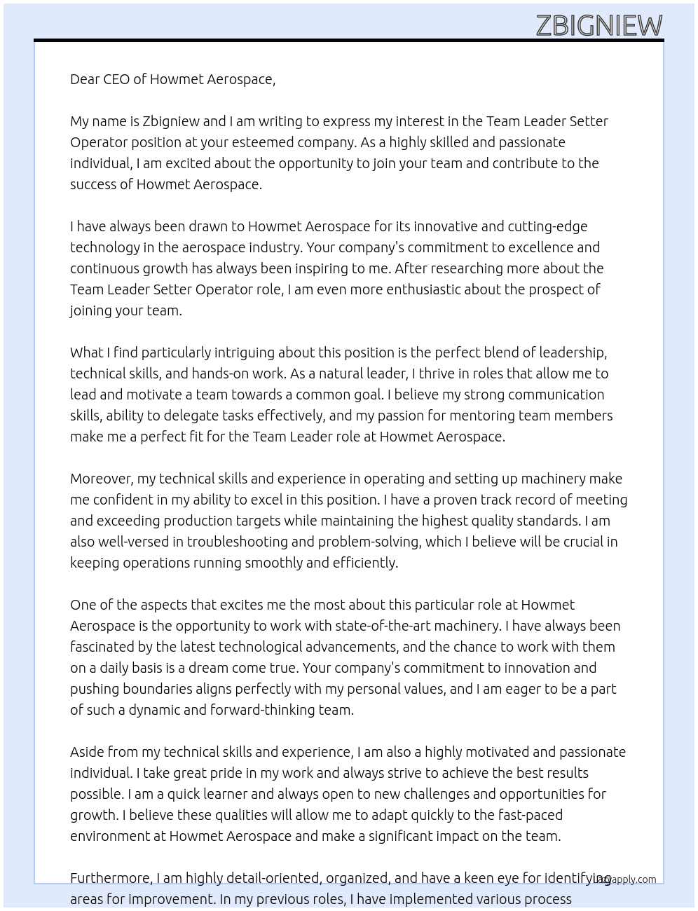 Team leadet setter Operator  At Howmet aerospace  Cover Letter