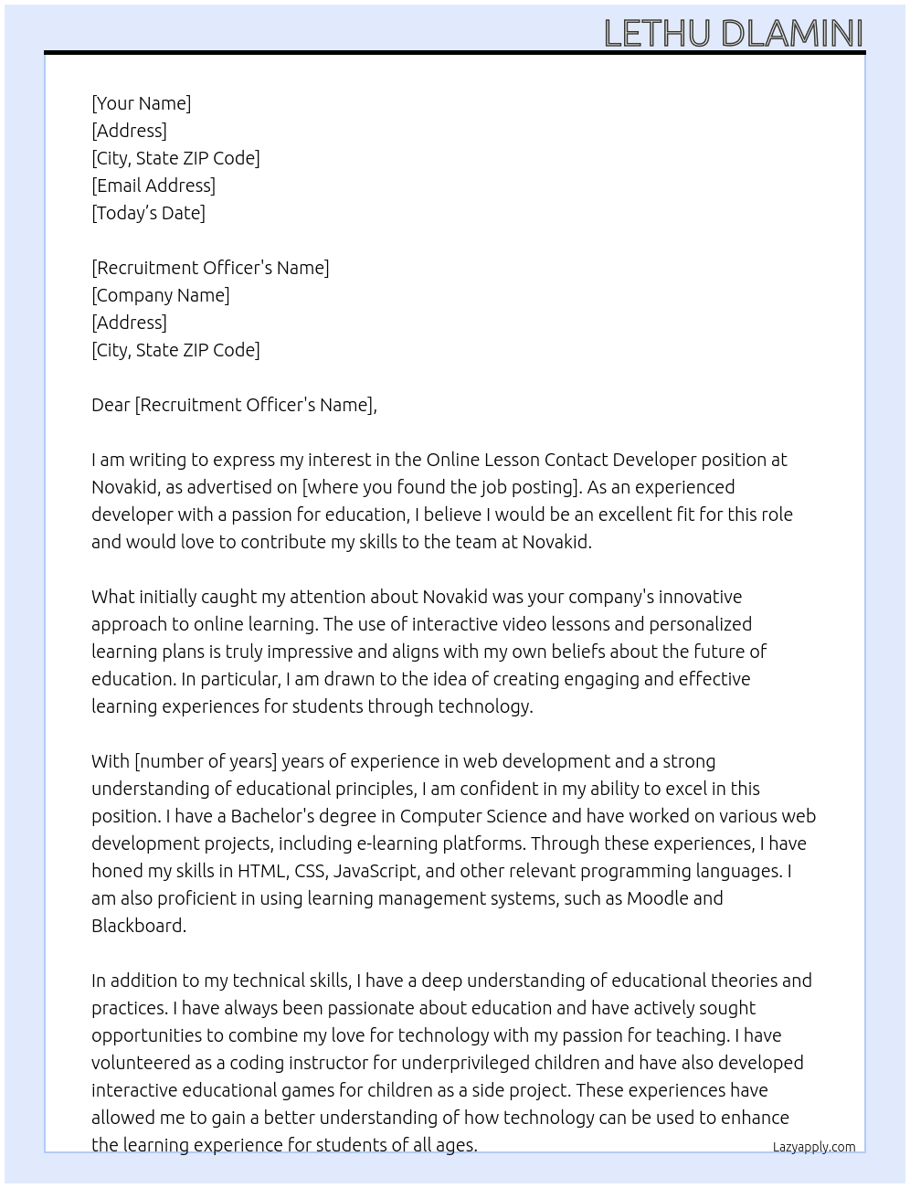 Online Lesson Contact Developer  At Novakid  Cover Letter