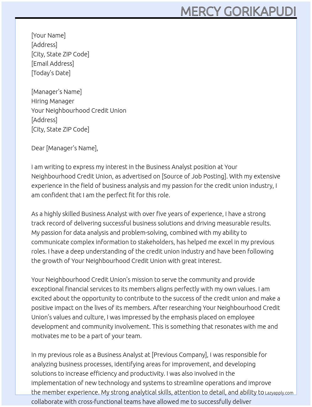 Business analyst At Your Neighbourhood Credit Union  Cover Letter