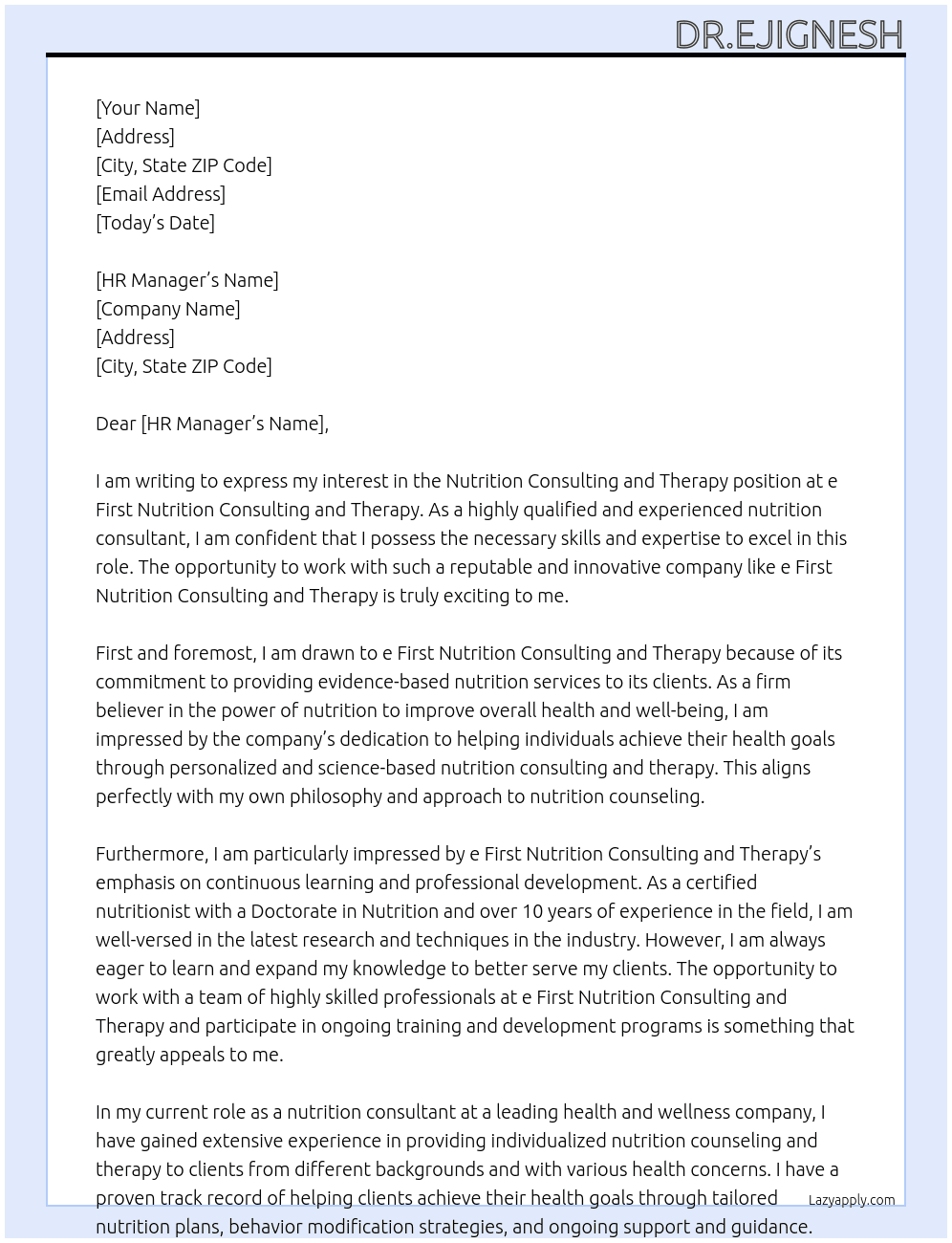    Nutrition Consulting and Therapy  At e First Nutrition Consulting and Thrapy Cover Letter